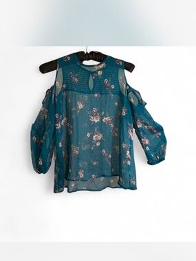 Fairycore Mudd Teal Floral Cold-Shoulder semi-sheer Blouse size M